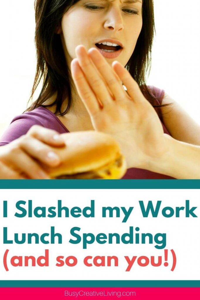 Woman holding up hand to burger. Stop wasting money buying lunch at work.