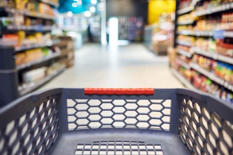 Grocery cart POV in aisle